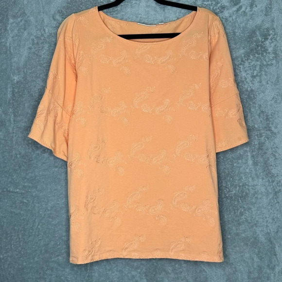 Rafaella 1X Shirt Top Orange Solid Paisley Bell Short Sleeve Scoop Neck Stretch - Picture 1 of 7